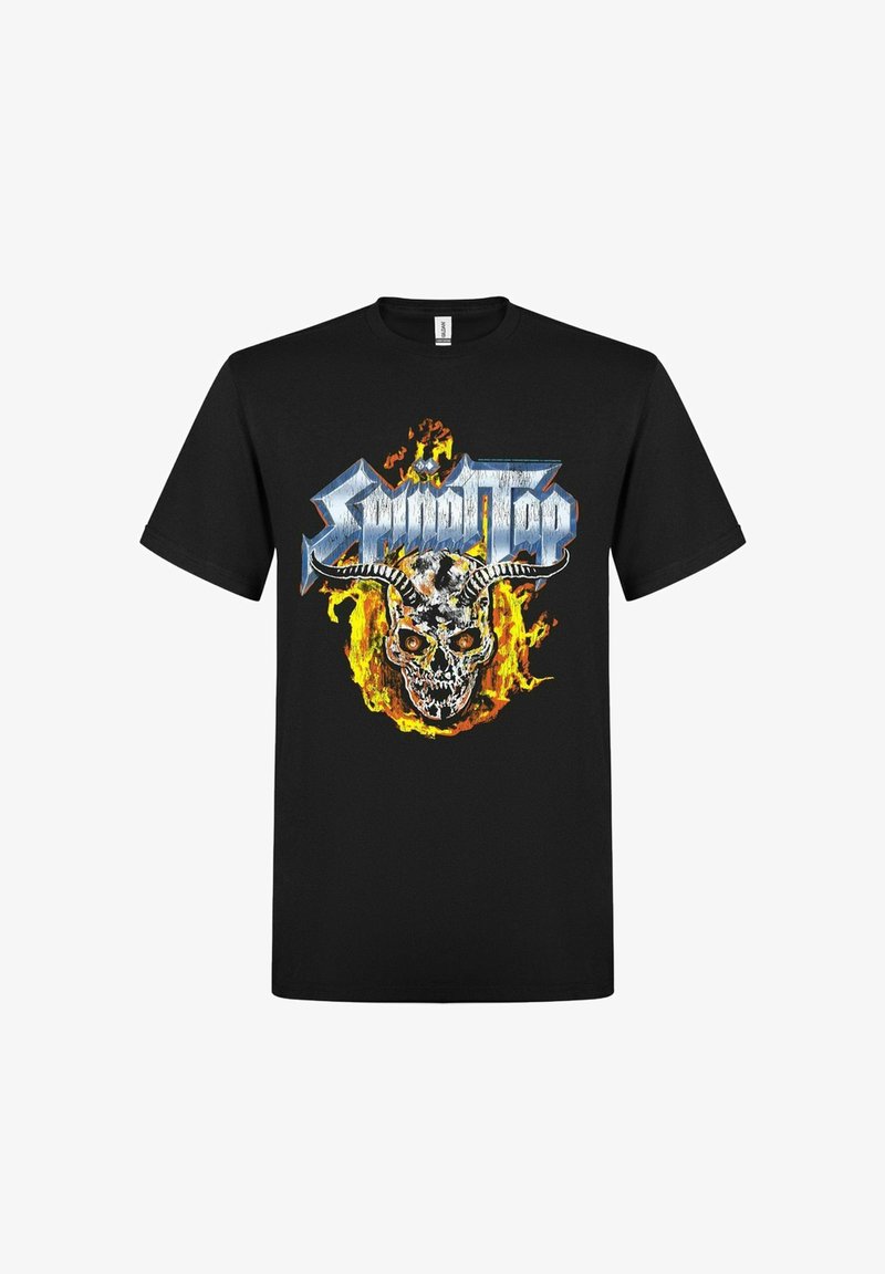 Černé bavlněné tričko s grafickým designem lebky s rohy obklopené plameny a textem "Spinal Tap" v metalické modré barvě.