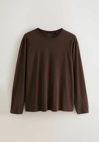 Brown long-sleeve crew neck t-shirt with regular fit, displayed against a light plain background.