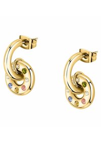 Orecchini in tonalità oro con un design a spirale attorcigliata, decorati con pietre multicolori tra cui blu, rosa e verde.