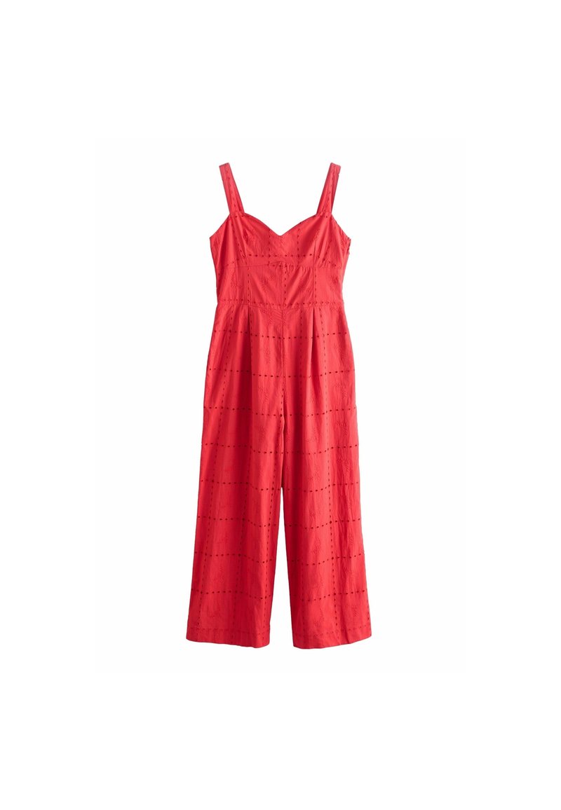 Tuta rossa senza maniche con scollatura a cuore, caratterizzata da motivi ad occhio e design a gamba larga. Tessuto liscio con vestibilità strutturata.