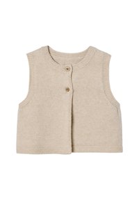 Beige Strickweste ohne Ärmel mit rundem Halsausschnitt und Holzknöpfen. Glatte Textur und einfaches, klassisches Design.