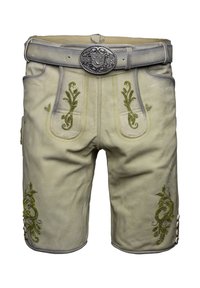 Lædershorts i lys beige med indviklet grøn broderi. Har en sølvfarvet bæltespænde og dekorative knapper i siderne.