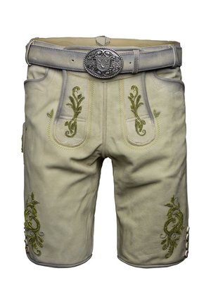 Pantaloni di pelle beige chiaro con ricami verdi intricati. Presentano una fibbia d'argento e bottoni decorativi sui lati.