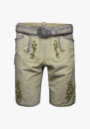 Lädershorts i ljusbeige med intrikata gröna broderier. Har en silverfärgad bältesspänne och dekorativa knappar på sidorna.
