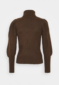 Brązowy sweter z dzianiny z wysokim stójką, ribbowym wykończeniem i balonowymi rękawami. Wykonany z miękkiego materiału o fakturowanym wykończeniu.