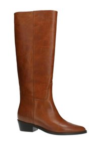 Botte en cuir marron jusqu'au genou avec un bout carré, un petit talon bloc et une texture lisse et brillante. Présente peu de coutures et un design latéral sans couture.
