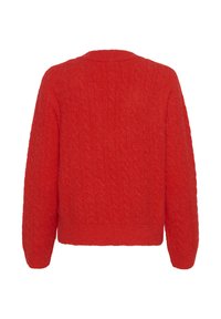 Bright red knitted sweater with long sleeves and a textured cable knit pattern, shown from the back on a white background.