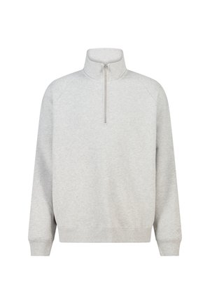 Lichtgrijze pullover met lange mouwen, een hoge kraag en een halve ritssluiting aan de voorkant, voorzien van geribde boorden en zoom.