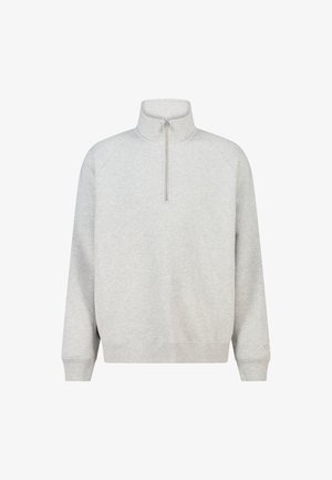 Lichtgrijze pullover met lange mouwen, een hoge kraag en een halve ritssluiting aan de voorkant, voorzien van geribde boorden en zoom.