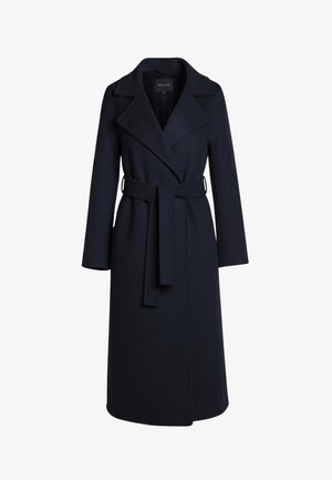 Manteau en laine bleu marine foncé avec ceinture, à larges revers et fermeture avant dissimulée, conçu pour les temps froids.