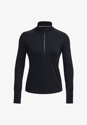 Svart långärmad topp med hög krage och halvcertifikat, tillverkad av slätt tyg med tumhål vid ärmsluten för en snug passform.