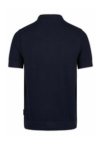Navyblaues kurzärmliges Poloshirt mit gestrickter Textur, gerippten Bündchen und einem einfarbigen Rundkragen. Verfügt über Seitenschlitze für eine entspannte Passform.