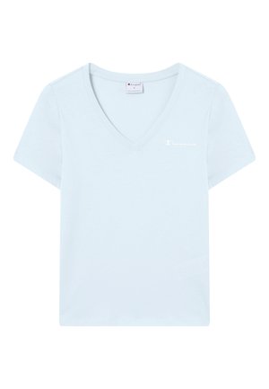 T-shirt a maniche corte di colore azzurro chiaro con scollo a V, realizzata in cotone morbido, con un piccolo logo bianco sul lato sinistro del petto.