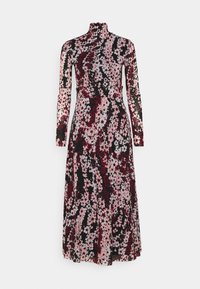 Pitkähihaista mekkoa, jossa on korkea kaula-aukko, kukkakuosi vaaleanpunaisena, valkoisena ja punaisena mustalla taustalla. Tämä mekko on valmistettu pehmeästä ja kevyestä materiaalista.