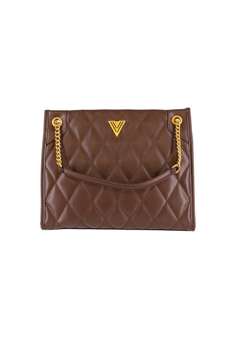 Borsa a tracolla in pelle marrone trapuntata con una catena dorata, caratterizzata da un logo in evidenza e una tasca anteriore con un design curvato.
