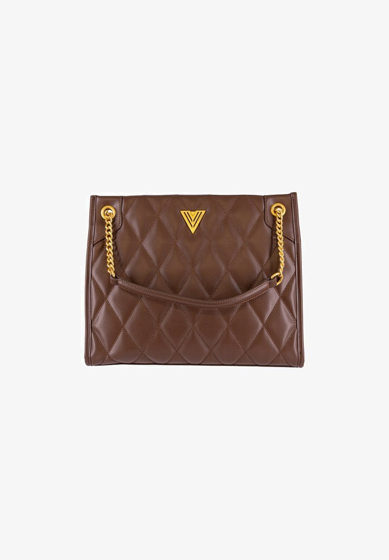 Borsa a tracolla in pelle marrone trapuntata con una catena dorata, caratterizzata da un logo in evidenza e una tasca anteriore con un design curvato.