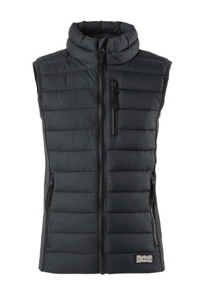 Gilet nero trapuntato senza maniche con colletto alla coreana, tre tasche con cerniera e etichetta "Denim Factory" sull'orlo anteriore.