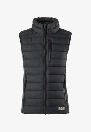 Juodas pūstas liemenės be rankovių su stovelio apykakle, trys kišenės su užtrauktukais ir „Denim Factory“ etiketė priekyje apačioje.