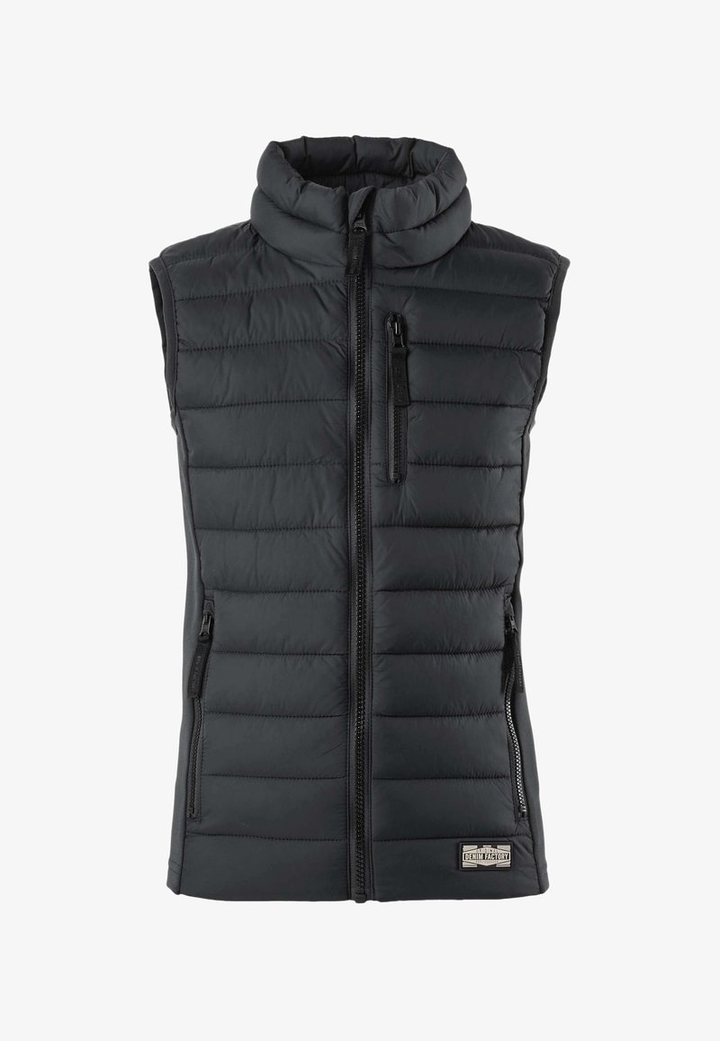 Črna prešita brezrokavnik z ovratnikom, tremi žepki z zadrgo in etiketo "Denim Factory" na sprednjem robu.