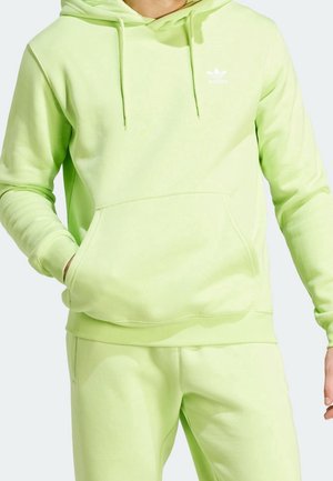 Sudadera verde claro con bolsillo frontal y capucha. Presenta una marca blanca en el pecho. Textura suave, corte relajado.