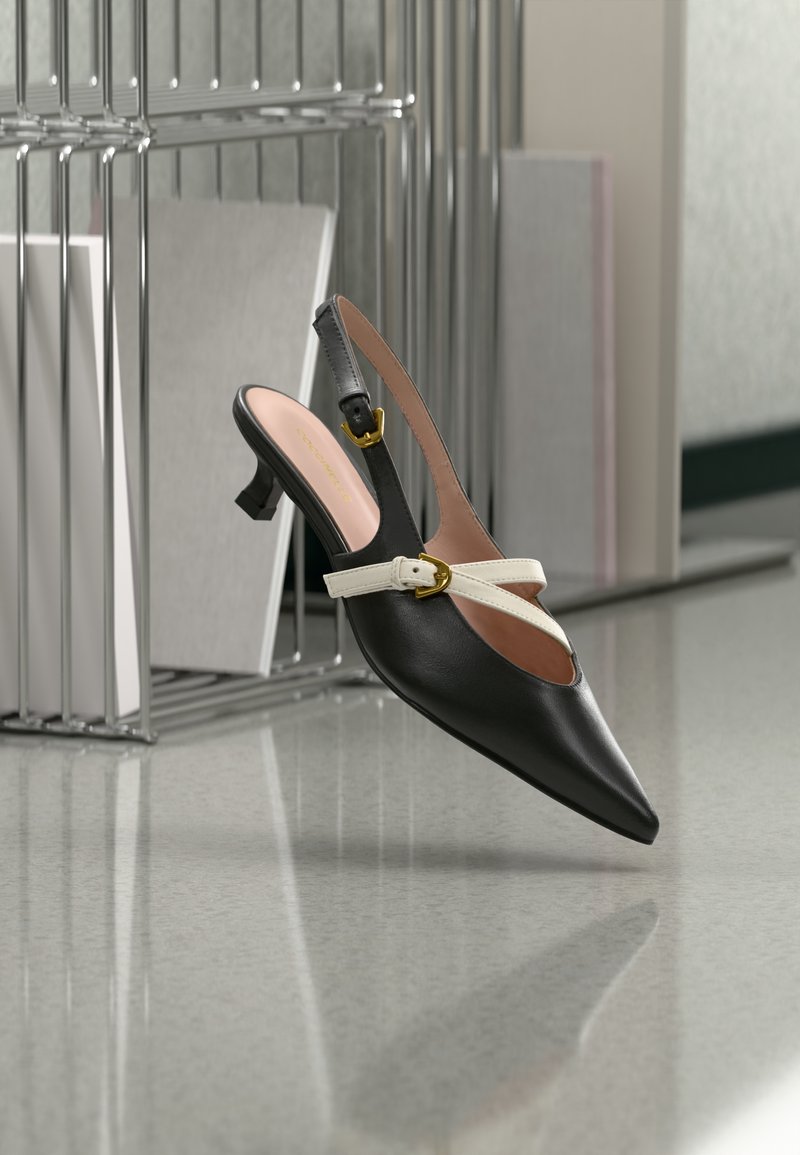 Chaussure en cuir noire à bout pointu avec bride arrière, talon bas et lanières à boucle blanche, présentée près d'étagères métalliques contenant des livres ou des dossiers.