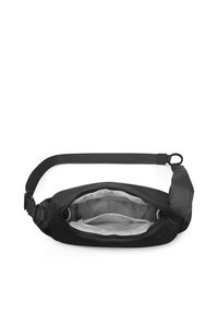 Sac banane noir avec bandoulière ajustable, compartiment principal ouvert montrant une poche intérieure zippée et une doublure gris clair.