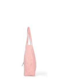 Borsa a tracolla in suede rosa con due manici, forma piatta e cuciture visibili lungo le cuciture. Design semplice, senza ulteriori dettagli.
