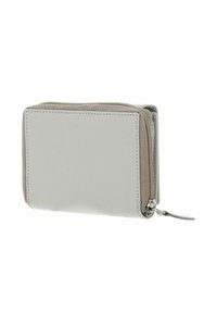 Compact wallet in light gray leather with a beige zipper. Features a smooth texture and clean, minimalistic design. Zippered pocket included.