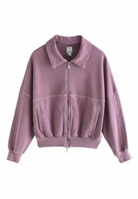 Ljuslila zip-up jacka med krage, oversize passform, ribbad midja, två sidofickor och mjuk textur.