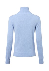 Hellblauer Rollkragenpullover aus weichem Strickstoff. Verfügt über lange Ärmel sowie gerippte Bündchen und Saum. Schlichtes, unverziertes Design.