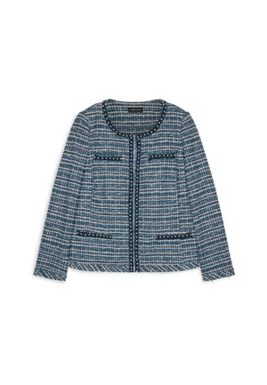 Jachetă din tweed albastru cu un model texturat, guler rotund, buzunare frontale și margini contrastante. Prezintă butoane decorative de-a lungul închiderii.