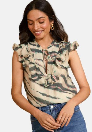 Ärmellose Bluse in Hellbeige mit Rüschenausschnitt, grün-rosafarbenem Streifenmuster und Bindegürtel vorne. Glatte Stofftextur.
