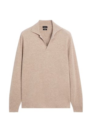 Beige pullover med bred V-hals og ribbede kanter. Lange ærmer og ribbede afslutninger. Blød tekstur, strikket materiale. Ingen fremtrædende mønstre eller detaljer.
