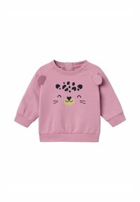 Sudadera de algodón rosa con mangas largas, que presenta un diseño de cara de animal juguetona y suaves acentos de orejas en los hombros. Cierre a presión en la parte posterior.