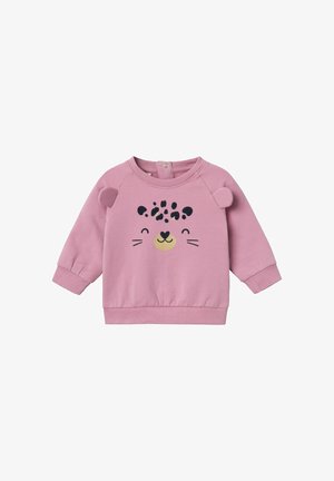 Sudadera de algodón rosa con mangas largas, que presenta un diseño de cara de animal juguetona y suaves acentos de orejas en los hombros. Cierre a presión en la parte posterior.