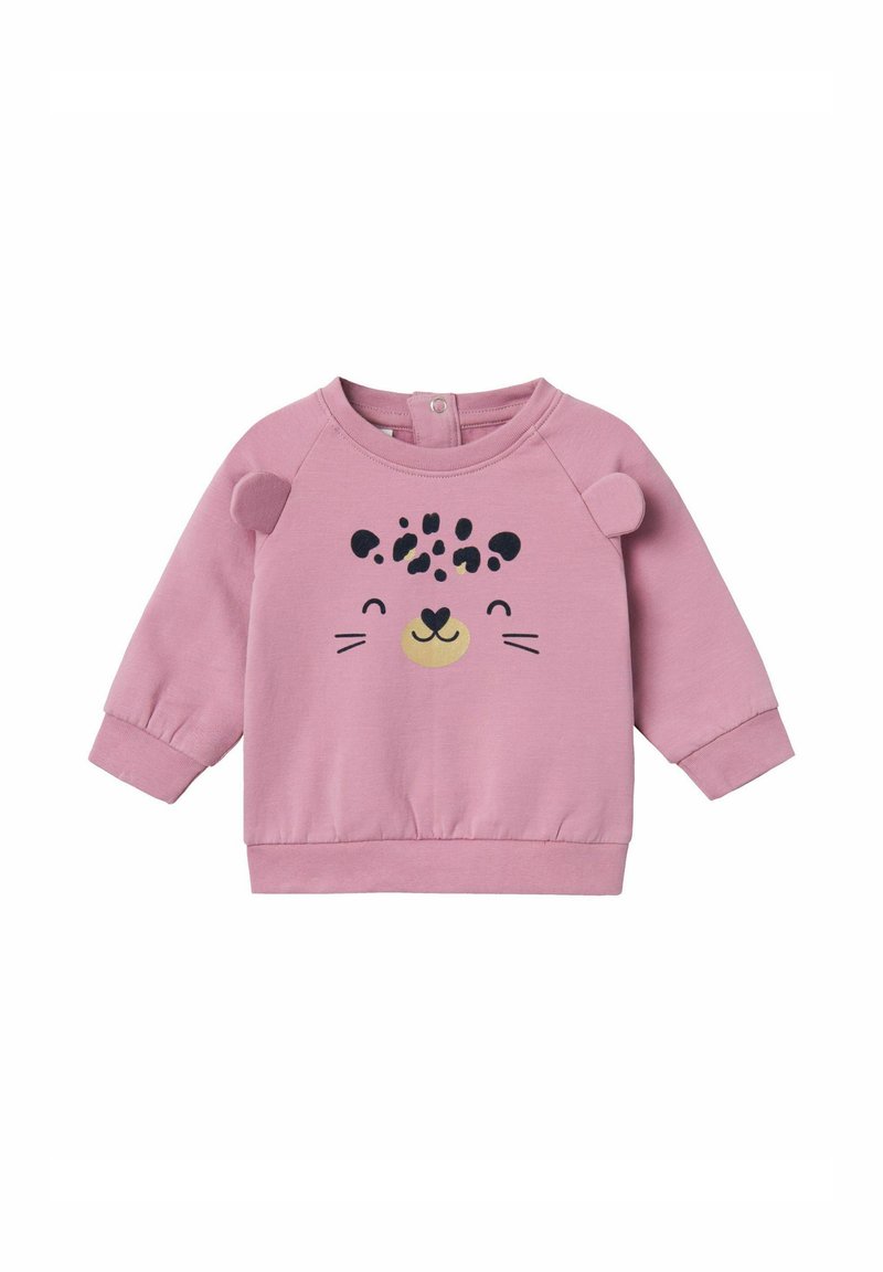 Sudadera de algodón rosa con mangas largas, que presenta un diseño de cara de animal juguetona y suaves acentos de orejas en los hombros. Cierre a presión en la parte posterior.