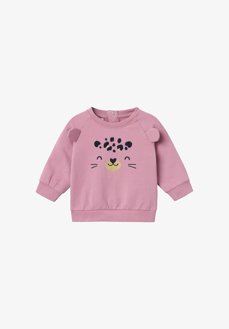 Sudadera de algodón rosa con mangas largas, que presenta un diseño de cara de animal juguetona y suaves acentos de orejas en los hombros. Cierre a presión en la parte posterior.