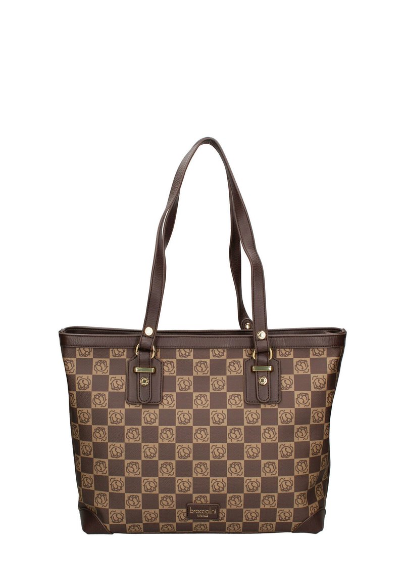 Sac fourre-tout marron avec un motif à carreaux et des icônes florales, en matériau synthétique durable, avec des poignées doubles et des détails en métal doré.