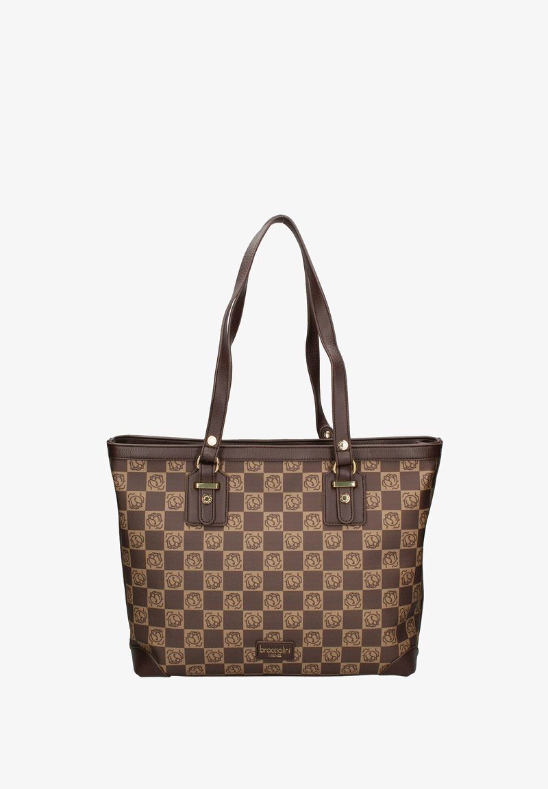 Bruine tote bag met een geruit patroon en bloemeniconen, gemaakt van duurzaam synthetisch materiaal, met dubbele handvatten en gouden hardwaredetails.