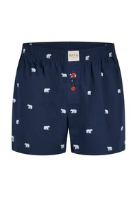 Boxer in cotone blu navy con un motivo ripetuto di orsi polari bianchi, vita elastica e tre bottoni rossi sulla parte anteriore.