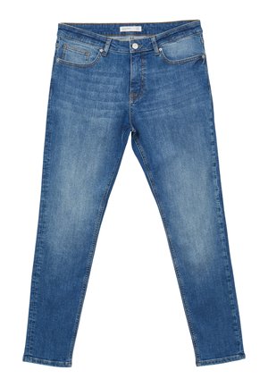 Jean en denim bleu à coupe slim, avec un design à cinq poches, une fermeture éclair et un délavage subtil sur le tissu pour un aspect usé.