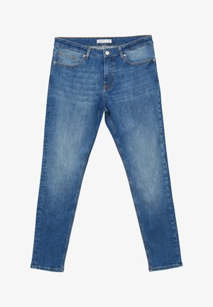 Jeans in denim blu con vestibilità slim, caratterizzati da un design a cinque tasche, chiusura con zip e leggera scoloritura sul tessuto per un aspetto usurato.