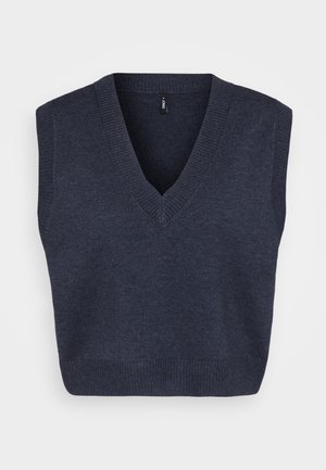 Maglione senza maniche di colore blu navy con design a V, texture lavorata a maglia, bordo a coste nel colletto e nell'orlo, con dettagli di cucitura minimi.