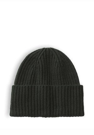 Cappello a berretto nero lavorato a maglia con trama a coste e risvolto piegato, mostrato disteso su sfondo bianco.
