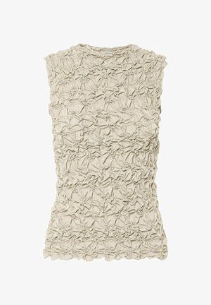 Top senza maniche beige con design di tessuto testurizzato e arricciato. Presenta un collo rotondo e un orlo ondulato, offrendo un aspetto morbido e tattile.