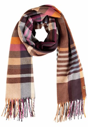 Geruite wollen sjaal in tinten bruin, beige, oranje, roze en grijs met een gedraaide franjes aan beide uiteinden, opgevouwen in een lus.