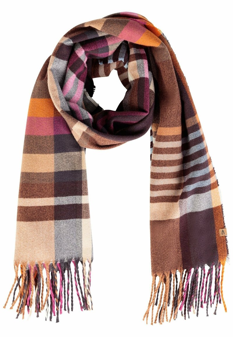 Écharpe en laine à carreaux dans des tons de marron, beige, orange, rose et gris, avec des franges torsadées aux deux extrémités, pliée en boucle.