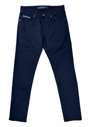 Marineblaue, schlank geschnittene Freizeithose mit fünf Taschen, Knopfverschluss und einem Etikett am inneren Bund.