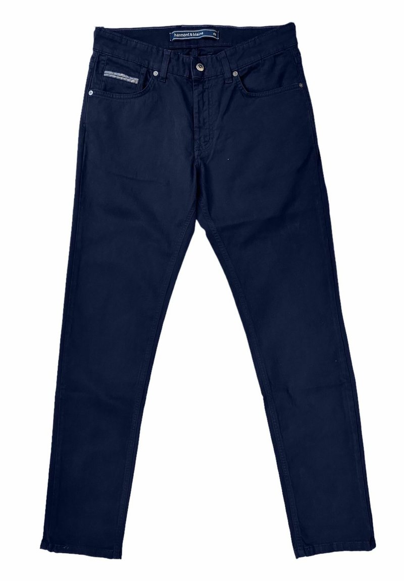 Pantalon décontracté ajusté bleu marine avec cinq poches, fermeture à boutons et une étiquette sur la ceinture intérieure.