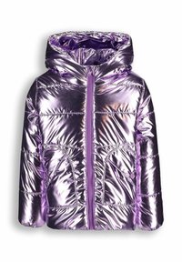 Fioletowa metaliczna kurtka puchowa z kapturem, z zamkiem błyskawicznym z przodu, dwoma bocznymi kieszeniami i pikowanym wzorem dla lepszej izolacji.